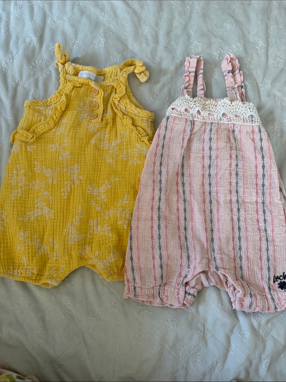 Girls' Yellow Floral Romper & Pink Stripe Crochet Romper Set 6-9 months